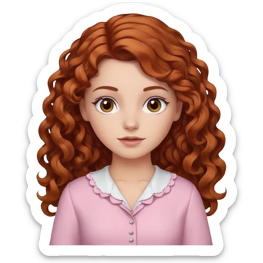 garota branca de cabelos longos cacheado partido ao meio castanho avermelhada com olhos castanhos e blusa rosa bebê sticker
