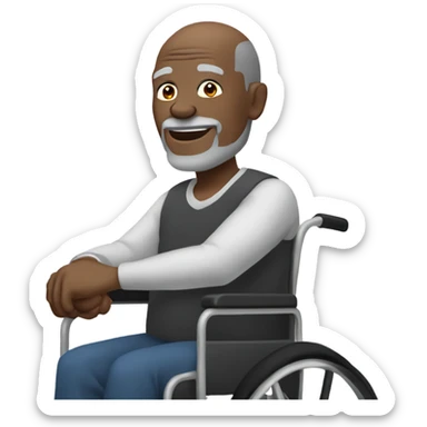 old black bald man with a belly in wheelchair. grey stubble. his left hand is pointing in front.  sticker