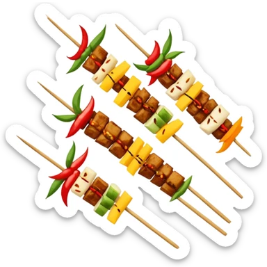 Sichuan Skewers Chuan Chuan Xiang with various foods on bamboo sticks, simplified emoji style with bold outlines and bright colors, cartoon style spicy street food sticker