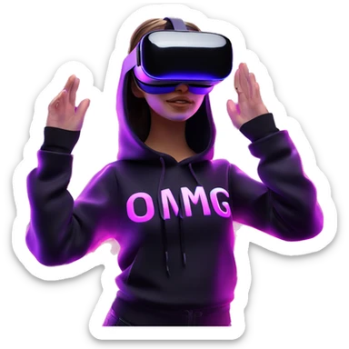 Russian girl wearing black hoody with violet letters "OMG", in vr headset oculus quest2. Dancing. Cyberpunk style. Violet neon. sticker