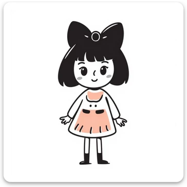 cute girl with blunt bangs, mid-short hair, big eyes, hand-drawn doodle style, big bow, pastel colors, kawaii look sticker