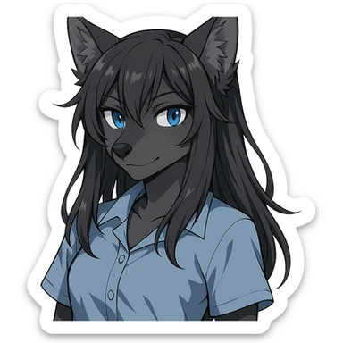 anime style wolf furry character with blue eyes, long black hair, wearing a light blue shirt sticker
