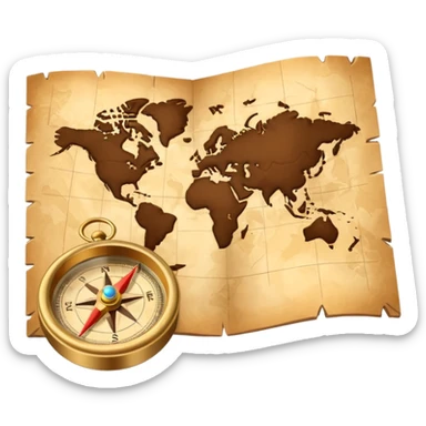 3D Brown golden map with Travel compass pointing to adventure sticker