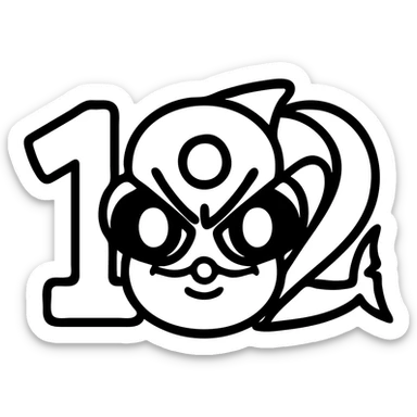 Recreate a stylized blue cartoon face emoji with large eyes, a red nose, a white circle on the forehead, and the numbers 1 and 2 integrated into the design. The emoji should be outlined in black with an icon style and transparent background. sticker