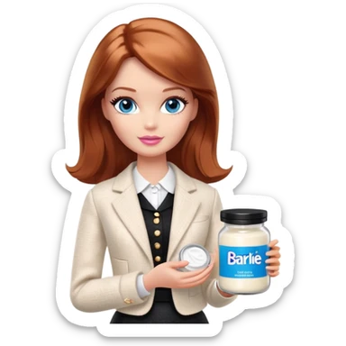 A Barbie girl with blue eyes, shoulder-length reddish-brown hair, made-up, in a white tweed jacket and black skirt, holding a jar of pale beige body cream sticker