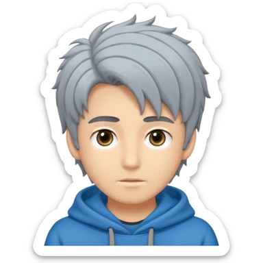 Crea un emoji a mezzo busto come ti ho già chiesto però di un ragazzo sulla 20ina ma che sembri più giovane, vestito con una felpa grigia. Occhi azzurri, capelli neri con il ciuffo davanti un po bagnato. sticker