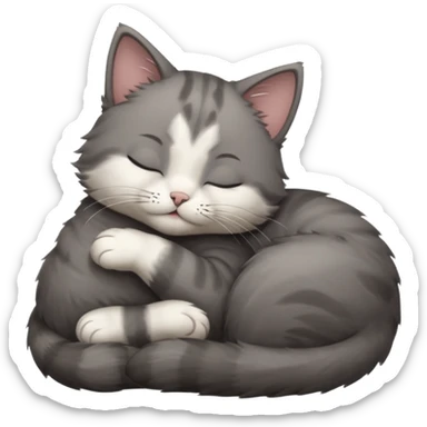 dark grey and white small cat with closed eyes, leaning his head on his paw while leaning on his elbow lying down sticker