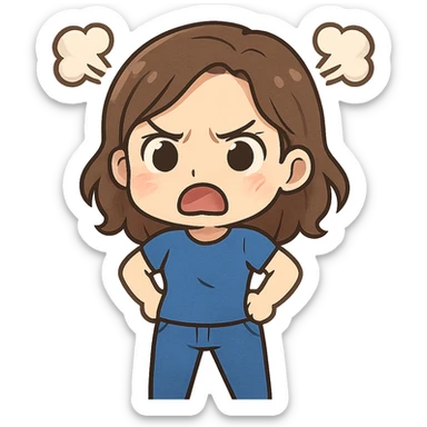 chibi emote of a woman in a blue t-shirt and jeans, angry with steam puffs, no headband, no sparkles, no wand, transparent background sticker