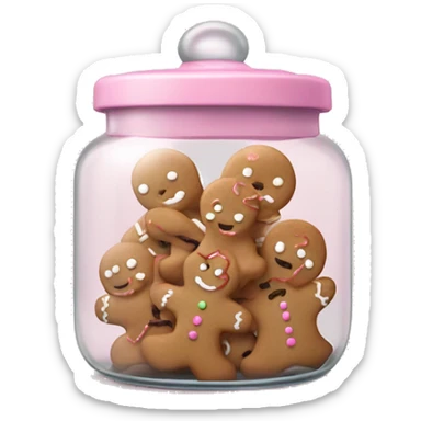 Realistic glass cookie jar with light pink lid full of gingerbread cookies isolated.  sticker