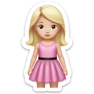 A baby with a pink sparkling dress and blonde hair and black hair and long hair sticker