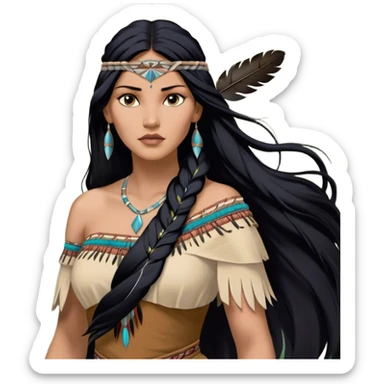 Cinematic Realistic Pocahontas Portrait, depicted with lifelike skin texture, soft natural lighting, and intricately detailed long, flowing raven-black hair that moves gracefully in the wind. Her deep, soulful dark brown eyes exude wisdom and strength, complemented by a serene yet powerful expression. She is dressed in her classic one-shoulder native american dress, with rich fabric textures and delicate beaded details that catch the light beautifully. The portrait features a soft, sun-kissed glow with a natural, radiant finish, capturing the essence of untamed beauty and deep connection to nature in a realistic and painterly style, evoking a sense of depth and authenticity. sticker