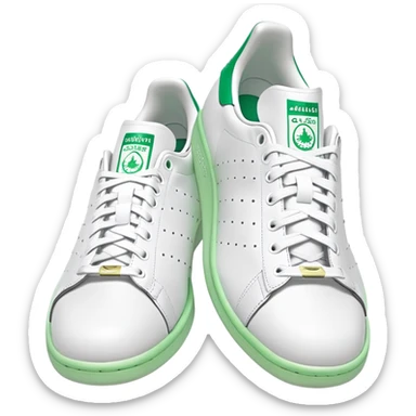 Classic white Adidas Stan Smith sneakers with green heel tab and Adidas logo, three perforated stripes on sides sticker