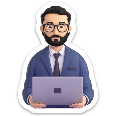 neat well-groomed man with medium black beard, tidy black hair, connected unibrow, olive tan skin, brown eyes, stylish glasses, prominent nose, wearing crisp clean casual business attire, professionally holding a laptop sticker