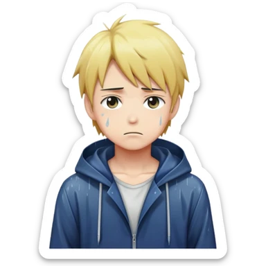 Anime character boy with sad expression standing in the rain, anime art style sticker