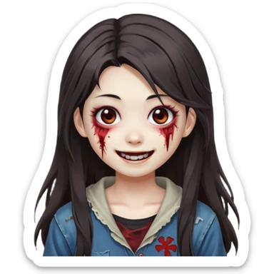 Japanese zombie girl smiling and long dark brown hair sticker