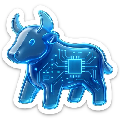 minimal high-tech bull icon with blue accents and glowing effect, digital circuit style sticker