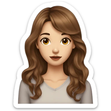 long wavy brown hair skinny girl with long side bangs, thin face and makeup from head to chest sticker