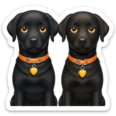 2 black labrador, adult, one has a yellow and the other an orange collar sticker