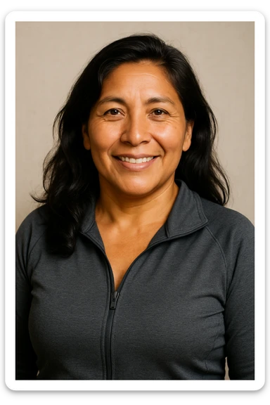 Portrait of a middle-aged Peruvian woman, wheat-colored skin, dark loose hair, vital and trustworthy expression, lead-colored sportswear, healthy and semi-sporty image, representative of supplements for adults. sticker