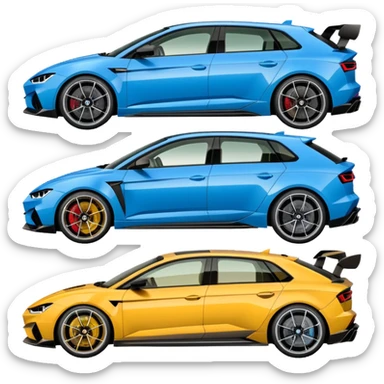 three cars lineup fromt profile forming a semi circle with a lamboghini svj an bmw m140i and a audi ra6 sticker