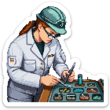 Marine geologist with scientific tools studying ocean floor samples on ship sticker