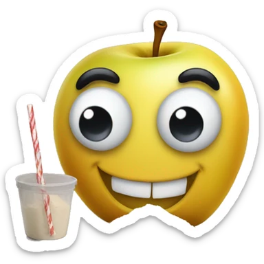 yellow apple smiley face emoji with big wide eyes and big smile about pile of flour in front of him and a straw next to him sticker