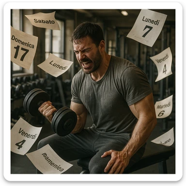 hyper realistic man doing many repetitions in gym, flying calendar sheets with Italian writings, atmosphere of lost time, realistic details, gym background sticker