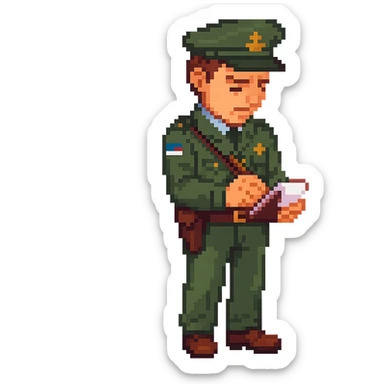 Make the game warden a white male with brown hair, writing a ticket for a wildlife law infraction, no background, keep the pixel art style look. sticker