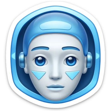 A non-human presence appearing as a glowing blue-white holographic interface with floating geometric shapes or a faint head-and-shoulders outline and no physical facial features. sticker