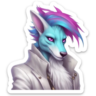 White badass elegant wild beautiful natural cute badass epic anthro modern albino sergal-vernid-creature with cyan mane and magenta eyes with cyan edgy stripes, full body, blue pretty hair, outside, modern, aesthetic, art by LiLaiRa, art by art by Falvie sticker