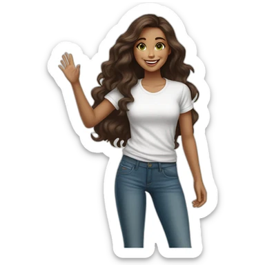 beautiful girl, white, with wavy dark brown hair, green brown eyes, smiles at the camera and waves her hand, standing, good teeth, white t shirt, blue jeans, sneakers, very realistic drawing sticker
