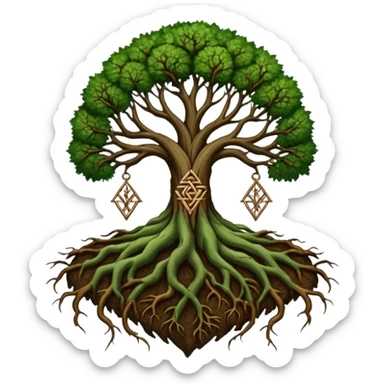 Tree roots forming a sigil shape, earth magic symbolism, deep greens and browns sticker