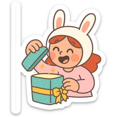 happy cutie girl in bunny hat opening a glittery gift box sticker