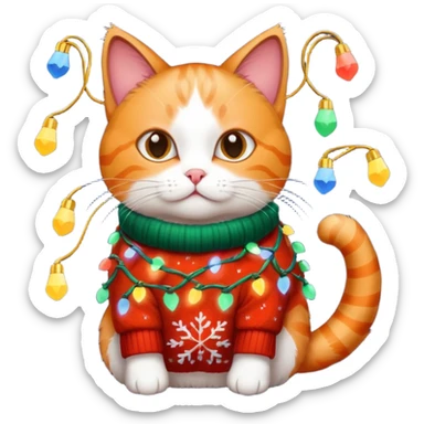 cat wearing a christmas sweater wrapped in christmas lights sticker