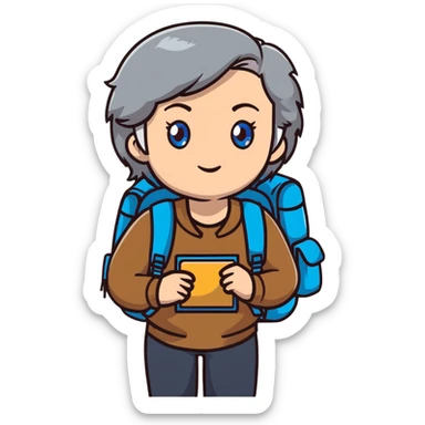 white woman park ranger with blue eyes, brown and gray hair, wearing a backpack sticker