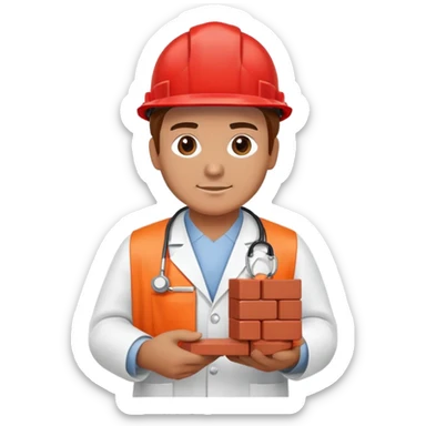 Brick mason wearing a hard hat but in a doctors gown emoji holding a red brick sticker