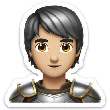 A young guy with brown eyes, short black hair, box haircut, dressed in silver knight armor sticker