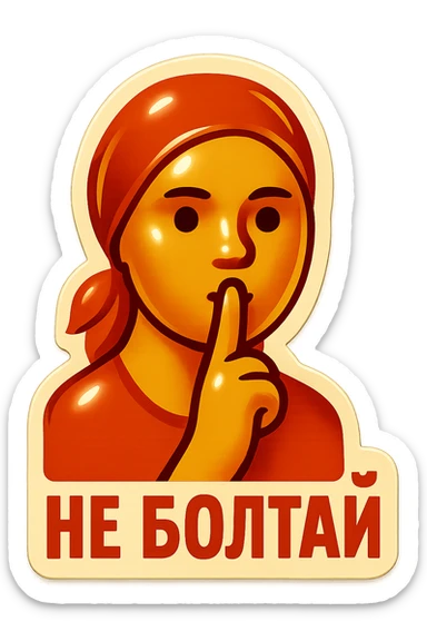 minimalist emoji of woman holding finger to lips, text 'не болтай' below, vintage Soviet poster style sticker