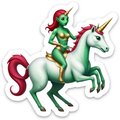 "reptilian green alien woman, in long slim dark red", rides, "unicorn gold and white"
 sticker