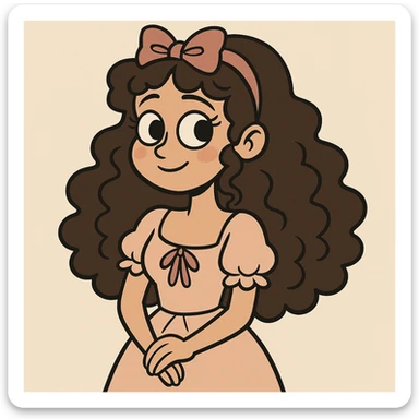 a girl with curly long dark brown hair, brown eyes, coquette style, cartoon style sticker