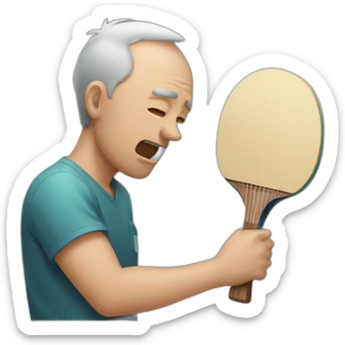Man crying looking at ping pong racket sticker