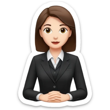 Professional female bank clerk in formal business attire behind a counter sticker
