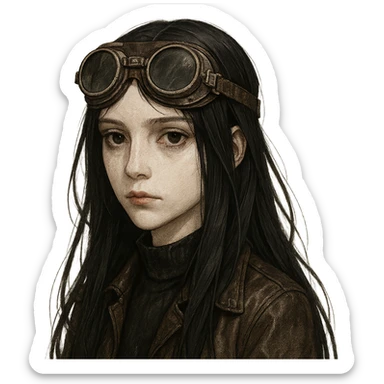 pale girl with long black hair wearing driving goggles, detailed character portrait sticker