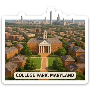 cinematic realistic emoji of College Park, Maryland, panoramic cityscape with University of Maryland campus, Washington DC landmarks in the distance, lifelike detail, accurate colors, bright daylight, no sky, no clouds sticker