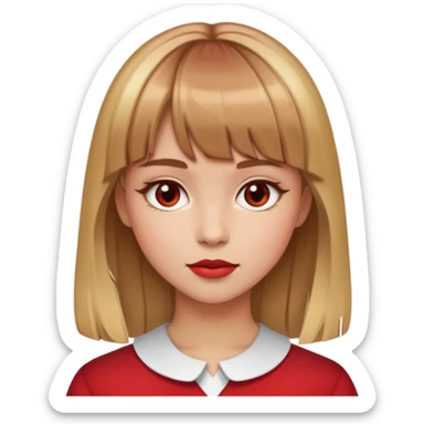girl with light brown hair with lots of blonde highlights and bangs and a red face sticker
