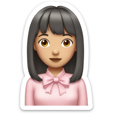 an asian girl with curtain bangs wearing cute light pink clothes and coquette ribbons sticker