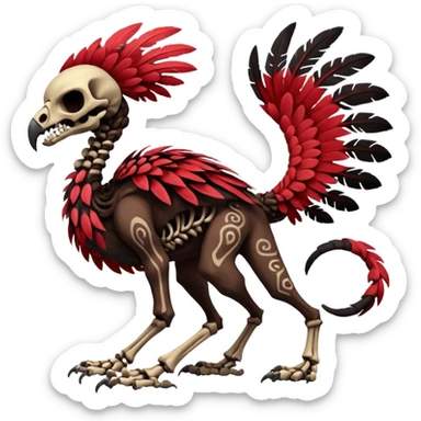 Rare realistic dark edgy evil tribal patterned red-feathered skeletal badass epic handsome gorgeous aesthetic colorful vibrant black-skulled Vernid-Trico-species-Fakemon-creature by LiLaiRa, 4 legs, 1 tail, random markings, (full body) sticker