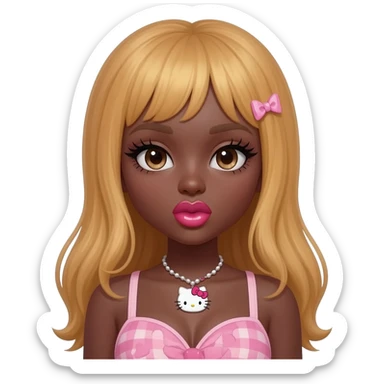 heart shaped lips, cute glossy lips, doll eyes with long lashes, dark brown skin, honey blonde hair, big chest, hello kitty necklace, one bow clip, bimbocore outfit sticker