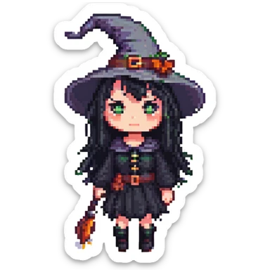 A cute witch with black hair and black eyes, pixel art style, facing left. sticker