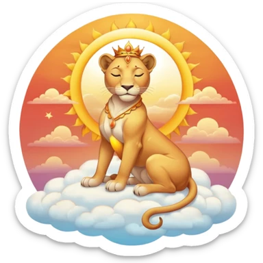 Sun-kissed Sunset-Gradient Celestial Flaring Warm Hot Feminine Beautiful Elegant Pretty Sun-Goddess-Lioness with closed relaxed eyes and symmetry and sitting on a cloud pastel divine dress beauty   sticker